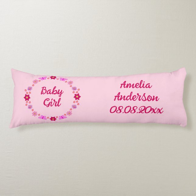 Cojín Personalizado de mariposas y flores para bebé rosa (Anverso)