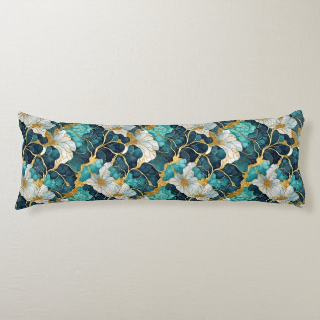 Cojín Pilar floral Verde azulado dorado japonés (Anverso)
