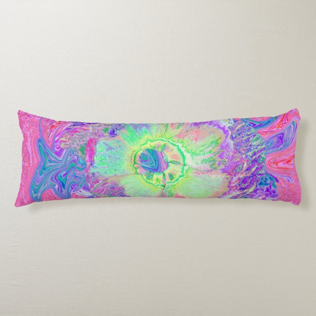 Cojín Psicodélico Trippy Lime Green y Púrpura Hibiscus (Anverso)