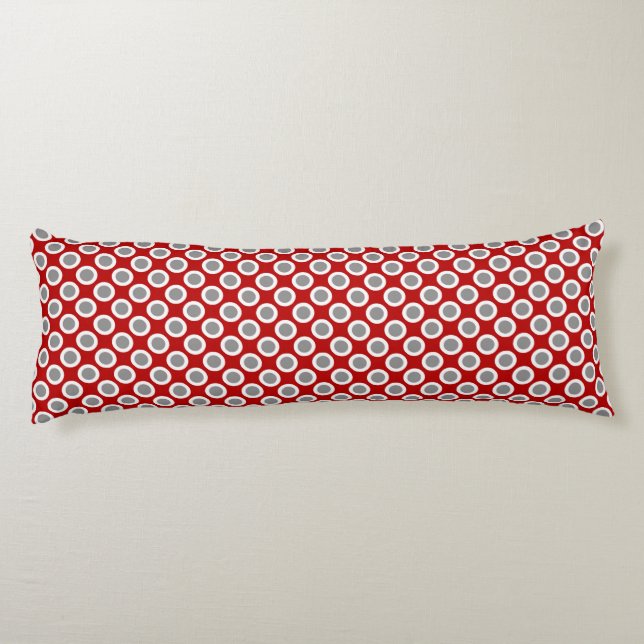 Cojín Puntos en círculo retro, rojo profundo y gris (Reverso)