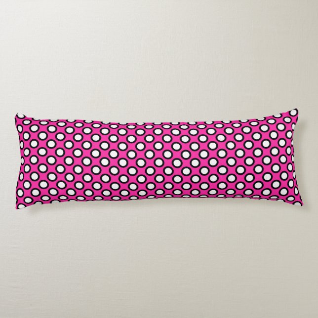 Cojín Puntos retro en círculo, fucsia, blanco y negro (Reverso)