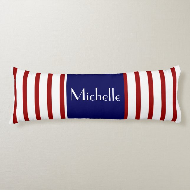 Cojín Rayas cortas, rojo blanco y azul, añade tu nombre (Anverso)
