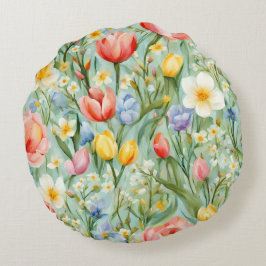 Cojín Redondo С campo floral de primavera lleno de color. Pintur