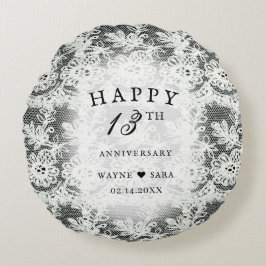 Cojín Redondo 13º Aniversario de Boda de Encaje Negro y Blanco