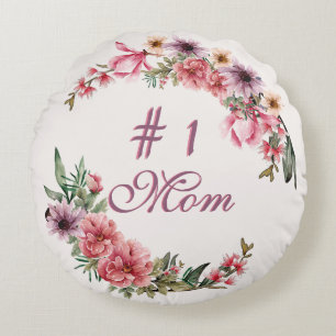 Cojín Redondo #1 Mamá Flores Acuarela Rosa y Morado