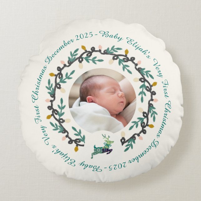 Cojín Redondo 1st Christmas Deer with Wreath Teal Cream (Anverso)