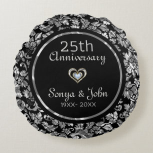 Cojín Redondo 25º Aniversario Boda De Plata Negra Y Metálica