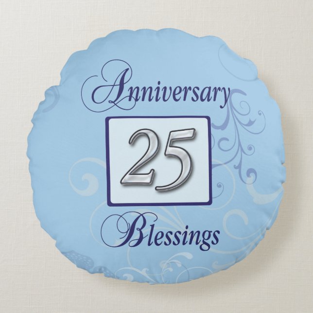 Cojín Redondo 25 años en azul y plata (Anverso)