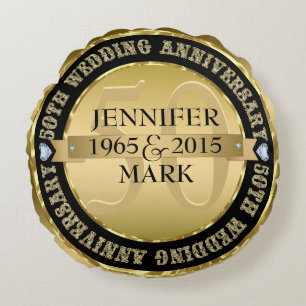 Cojín Redondo 50.º Aniversario Boda De Oro Metálico Y Negro 2