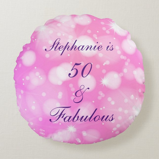 Cojín Redondo 50 Y Fabuloso Purpurinoso Púrpura Rosa De Cumpleañ (Anverso)