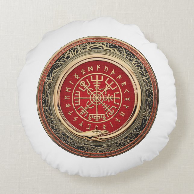 Cojín Redondo [510] Vegvisir - Viking Gold Magic Runic Compass (Reverso)