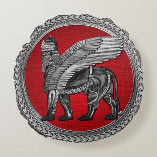 Cojín Redondo [600] León alado asirio: Lamassu plateado y negro