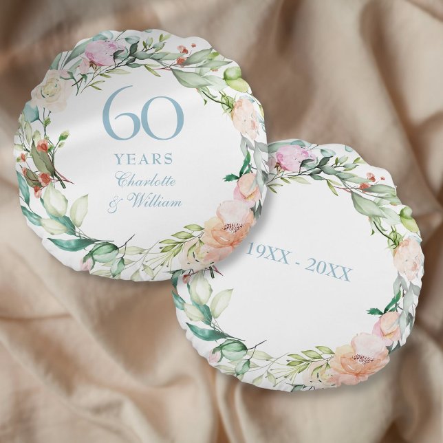 Cojín Redondo 60.º Boda de diamantes Rosas Garland (60th Diamond Wedding Anniversary Roses Garland Round Pillow)