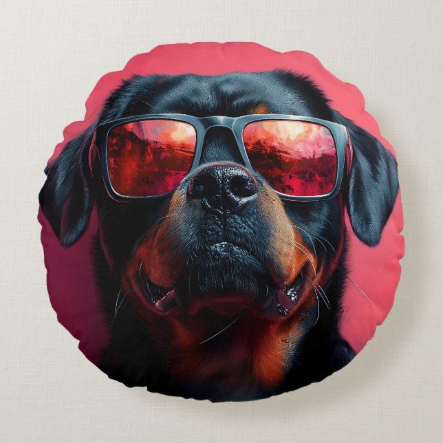 Cojín Redondo A cool rottweiler with sunglasses (Anverso)