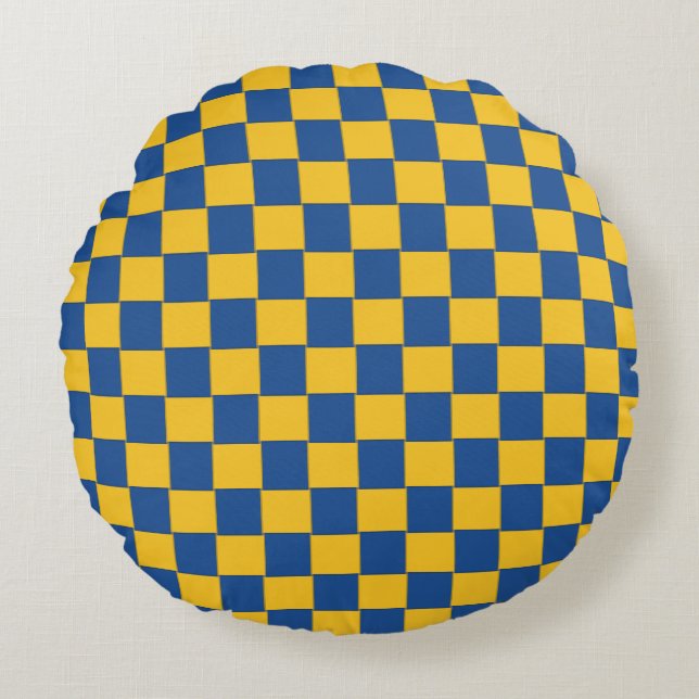 Cojín Redondo A cuadros azul y amarillo tejido (Anverso)