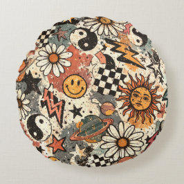Cojín Redondo A fun retro 90s pattern featuring cheerful happy f