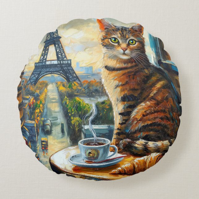 Cojín Redondo A Morning in Paris | Tabby Cat at a Cafe (Anverso)
