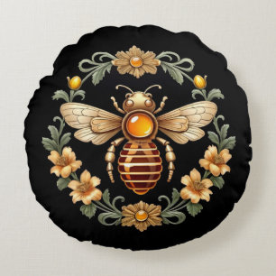 Cojín Redondo Abeja Art Nouveau sobre Negro