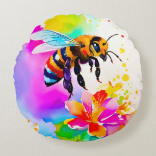Cojín Redondo Abeja Ocupada Adorable Acuarela