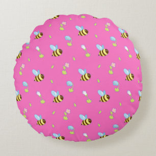 Cojín Redondo 🌸 Abejas de Dibujos Animados Floral Lindo Estilo 