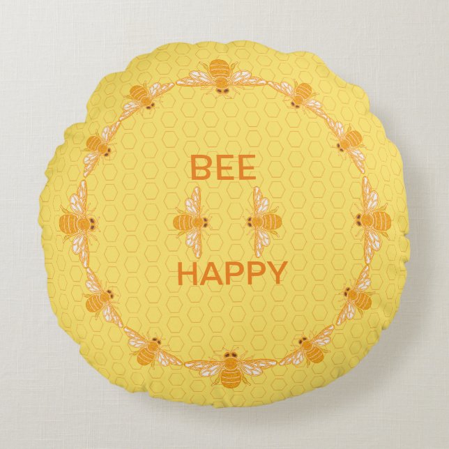 Cojín Redondo Abejas de miel de Bee Happy en el peine de miel am (Anverso)