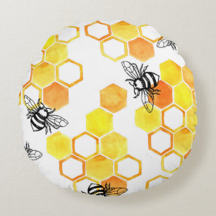 Cojín Redondo Abejas de miel: Patrón de acuarela amarillo