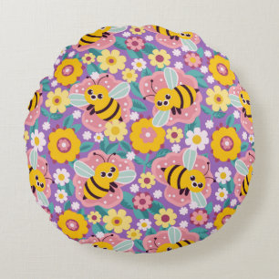 Cojín Redondo Abejas y Flores de Dibujos Animados Adorables