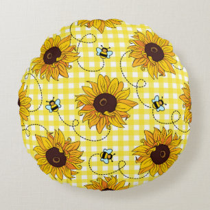 Cojín Redondo Abejas y girasoles a cuadros