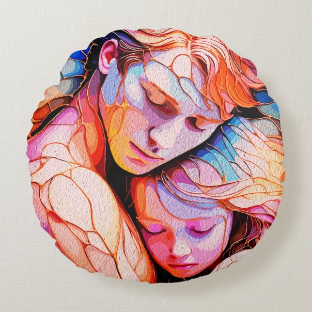 Cojín Redondo Abrazo etéreo de Guardianes - Vidrio manchado de f (Anverso)