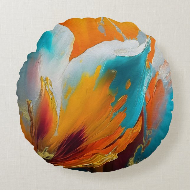 Cojín Redondo Abstract Bloom in Orange and Teal (Anverso)
