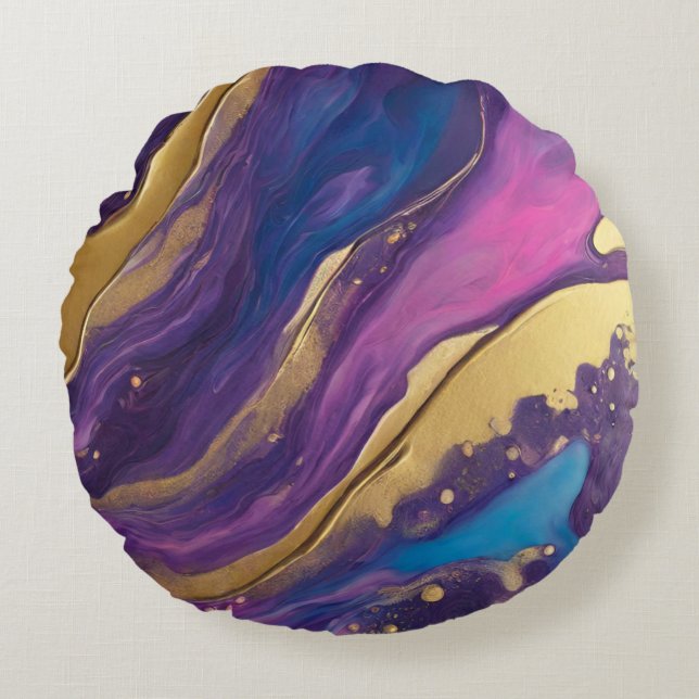 Cojín Redondo Abstract-Flow Art-Blue Pink Purple and Gold (Anverso)