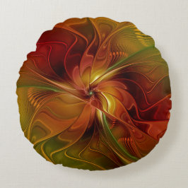 Cojín Redondo Abstract Red Orange Brown Green Fractal Art Flower