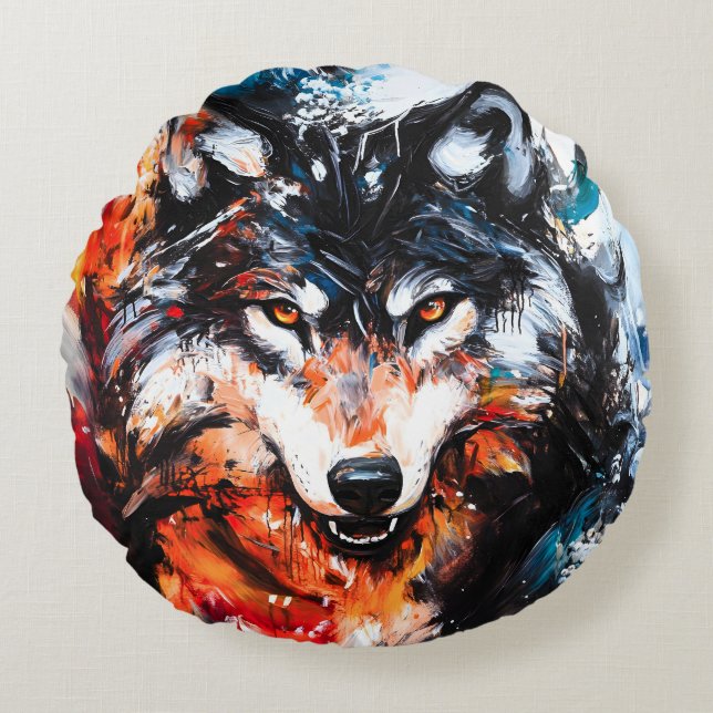 Cojín Redondo Abstract Wild Spirit Wolf (Anverso)
