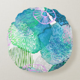 Cojín Redondo Abstracto acuarela floral azul floral rosa