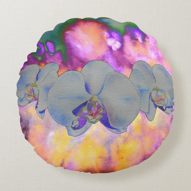 Cojín Redondo Abstracto acuarela orquídeas florales tropicales (Anverso)