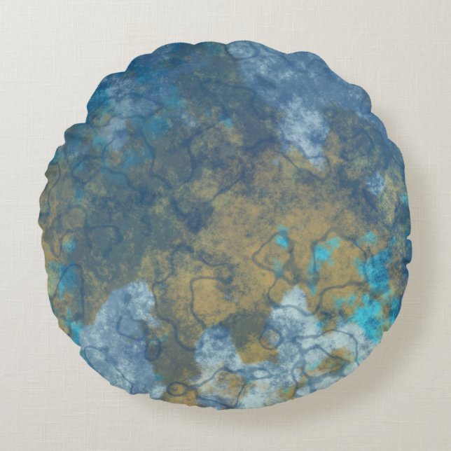 Cojín Redondo abstracto azul y amarillo (Anverso)