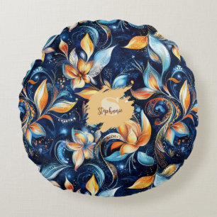 Cojín Redondo Abstracto azul y oro Hojas Paisley (2)