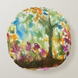 Cojín Redondo Abstracto de color de agua Paisaje Arte Bosque de 