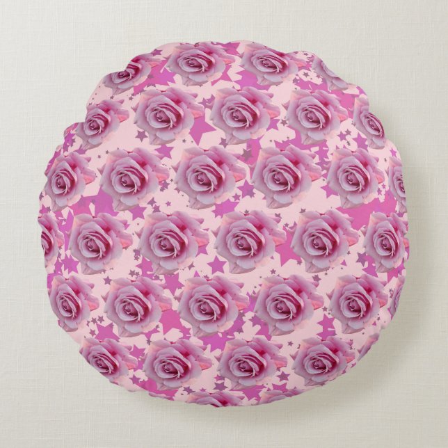 Cojín Redondo abstracto de estrellas rosadas Rosas (Anverso)