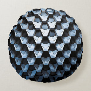 Cojín Redondo Abstracto Futurista Azul Geométrico Metálico