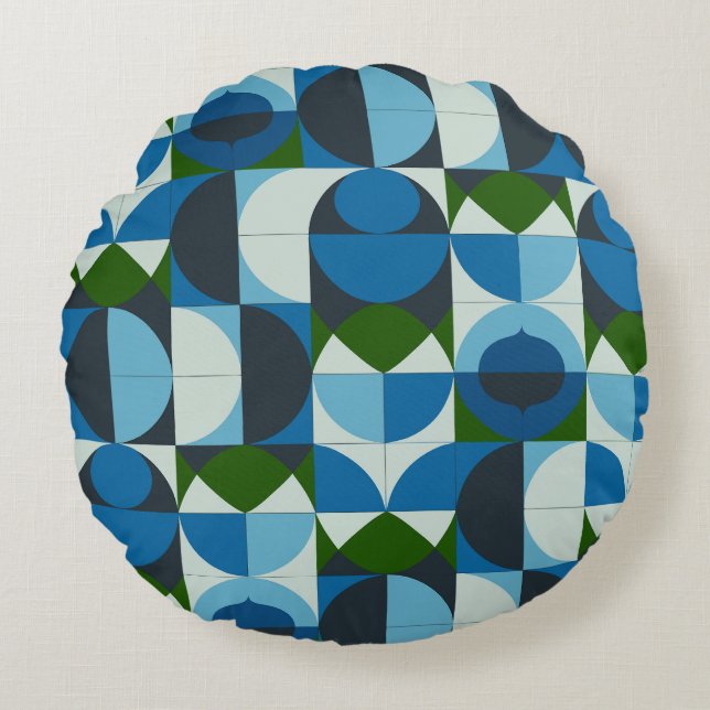 Cojín Redondo Abstracto geométrico moderno azul y verde (Anverso)