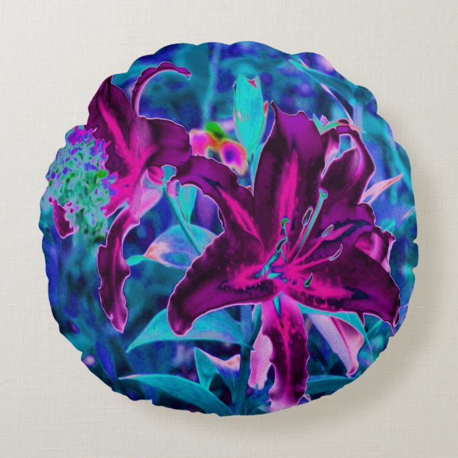 Cojín Redondo Abstracto púrpura y rosa caliente Flores de lirio  (Anverso)