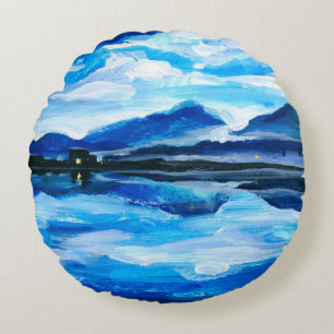 Cojín Redondo Aceite Pintura del crepúsculo del lago de montaña