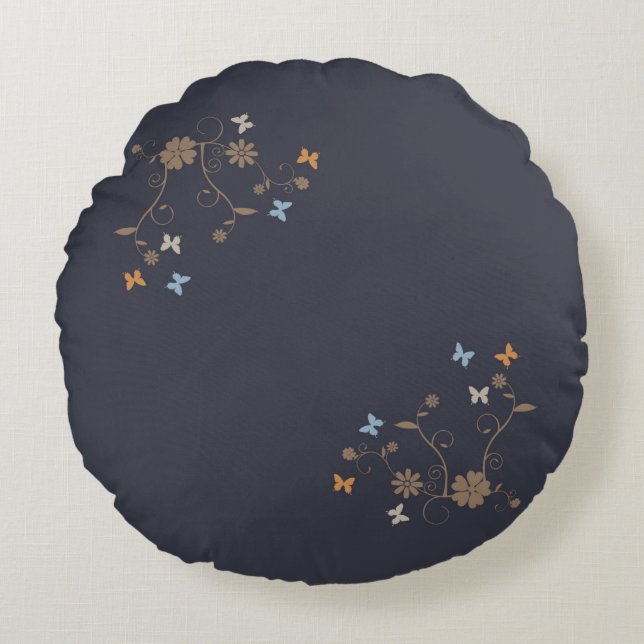 Cojín Redondo Acentos florales y mariposa singulares en el carbó (Anverso)