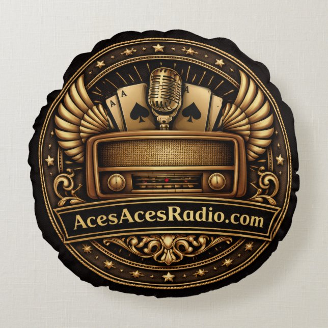 Cojín Redondo acesacesradio negro y dorado (Anverso)