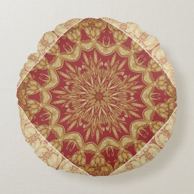 Cojín Redondo Achempong Designer Golden Red Ornate Accent Cushio (Anverso)