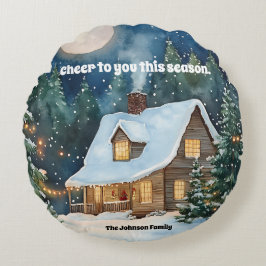 Cojín Redondo Acogedora casa de campo de Navidades cubierta de n