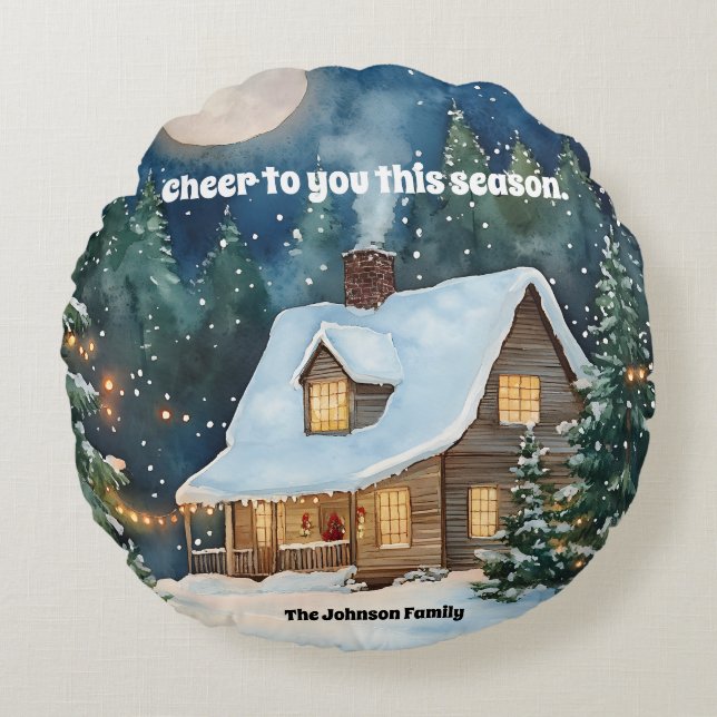 Cojín Redondo Acogedora casa de campo de Navidades cubierta de n (Anverso)