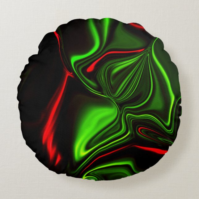 Cojín Redondo Acos curvos rojos y verdes sobre fondo oscuro (Anverso)