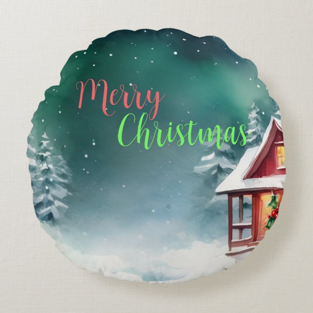 Cojín Redondo Acuarela alegre salvaje Navidad Pine tree Fiesta d (Anverso)